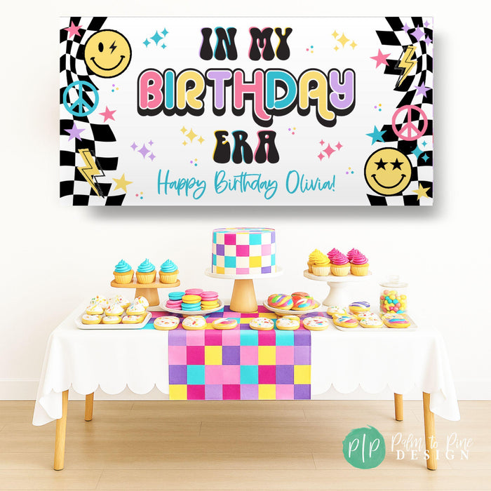 Retro-inspired birthday banner with stars and smiley face accents