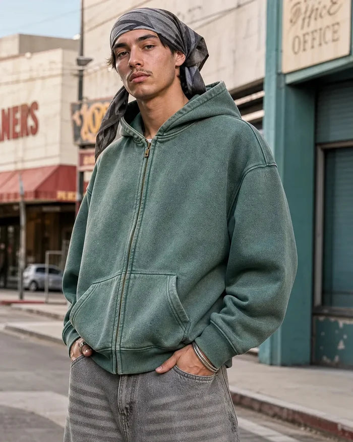 INFLATION Washed Distressed Fleece Zip Up Hoodies