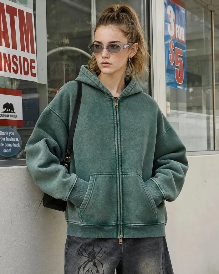 INFLATION Washed Distressed Fleece Zip Up Hoodies