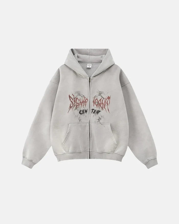 INFLATION Washed Graphic Zip Up Hoodies