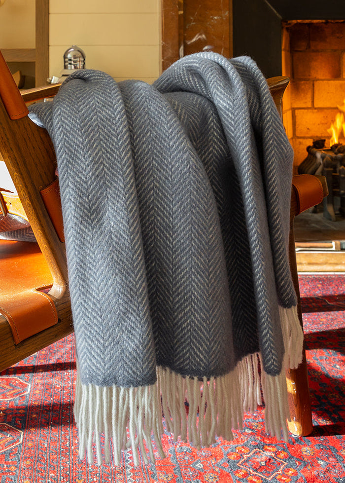 Merino Wool Cashmere Throw Grey Herringbone