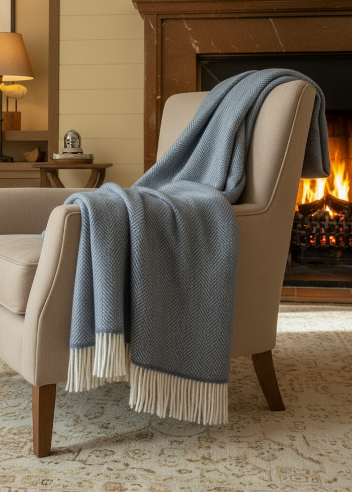 Merino Wool Cashmere Throw Grey Herringbone