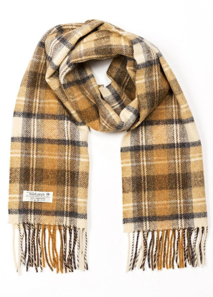 Irish Wool Scarf Short Beige Orange Check