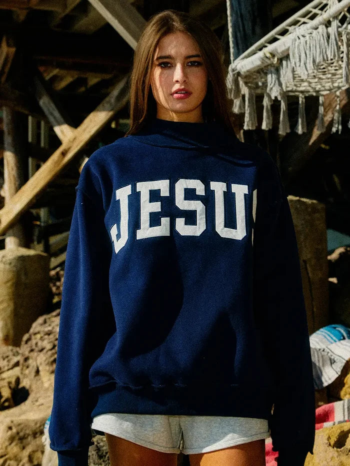 Jesus Embroidery Mock Neck Sweatshirt