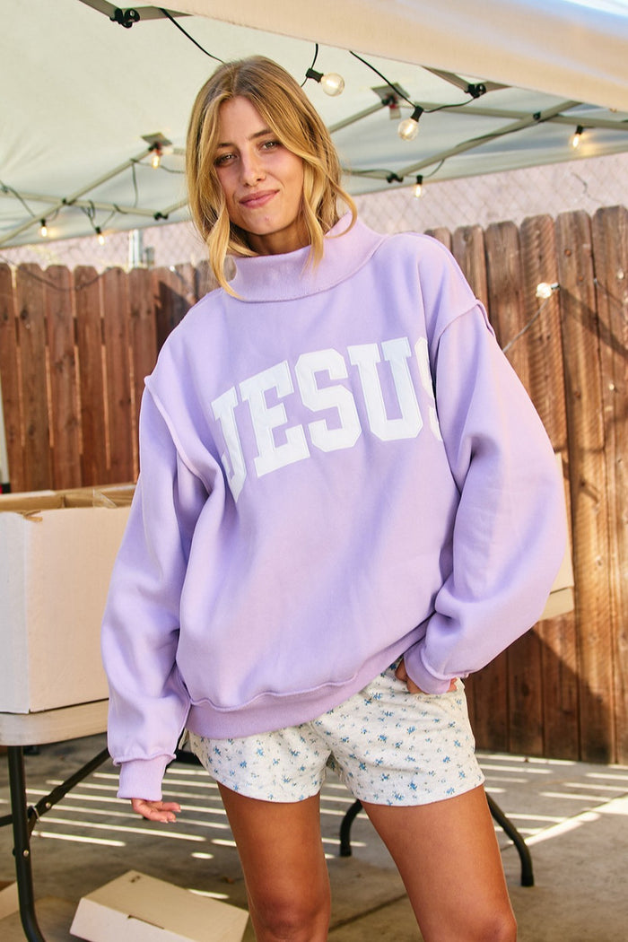 Jesus Embroidery Mock Neck Sweatshirt