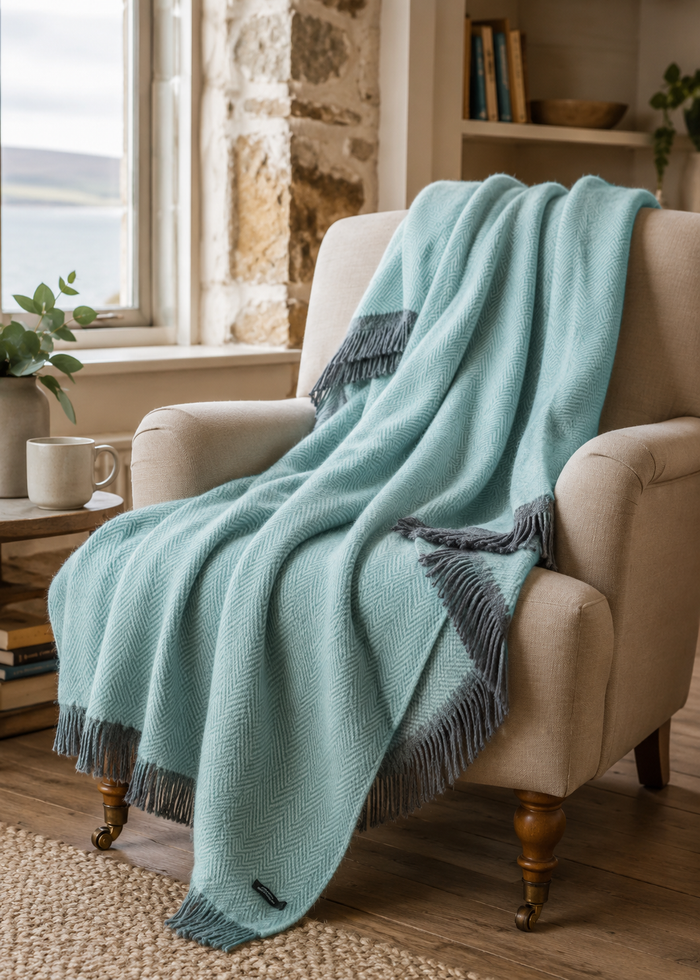 John Hanly Cashmere Duck Egg Herringbone Throw