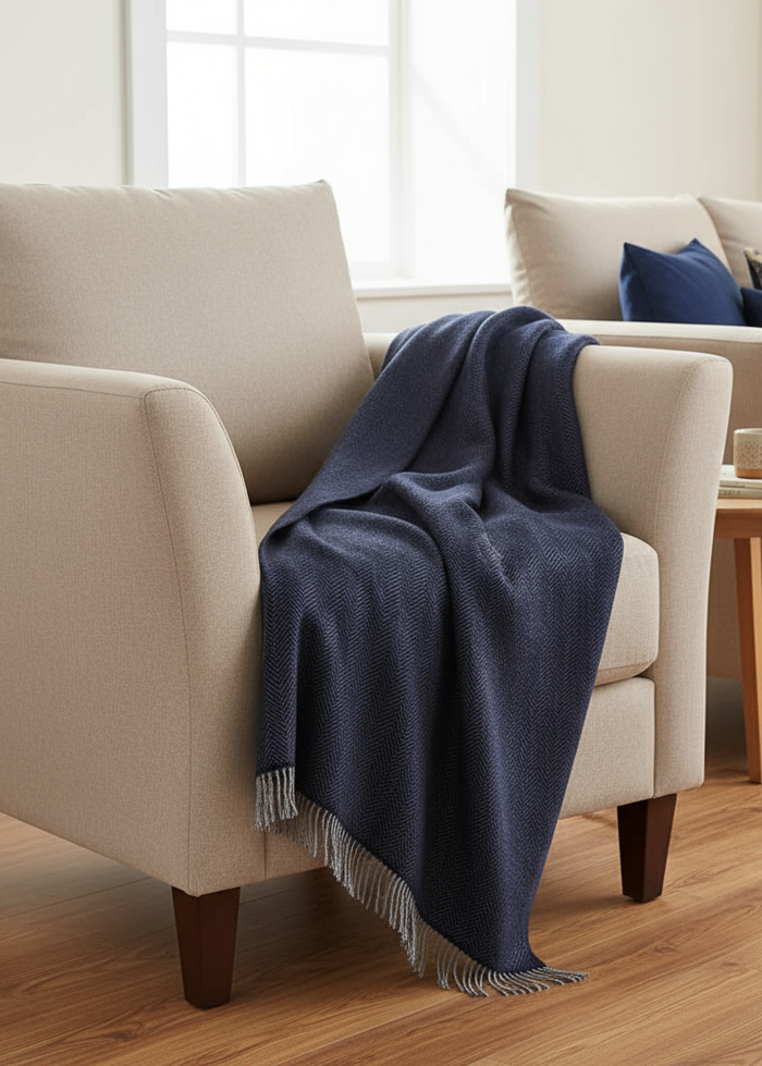 John Hanly Cashmere Merino Throw - Navy Gray