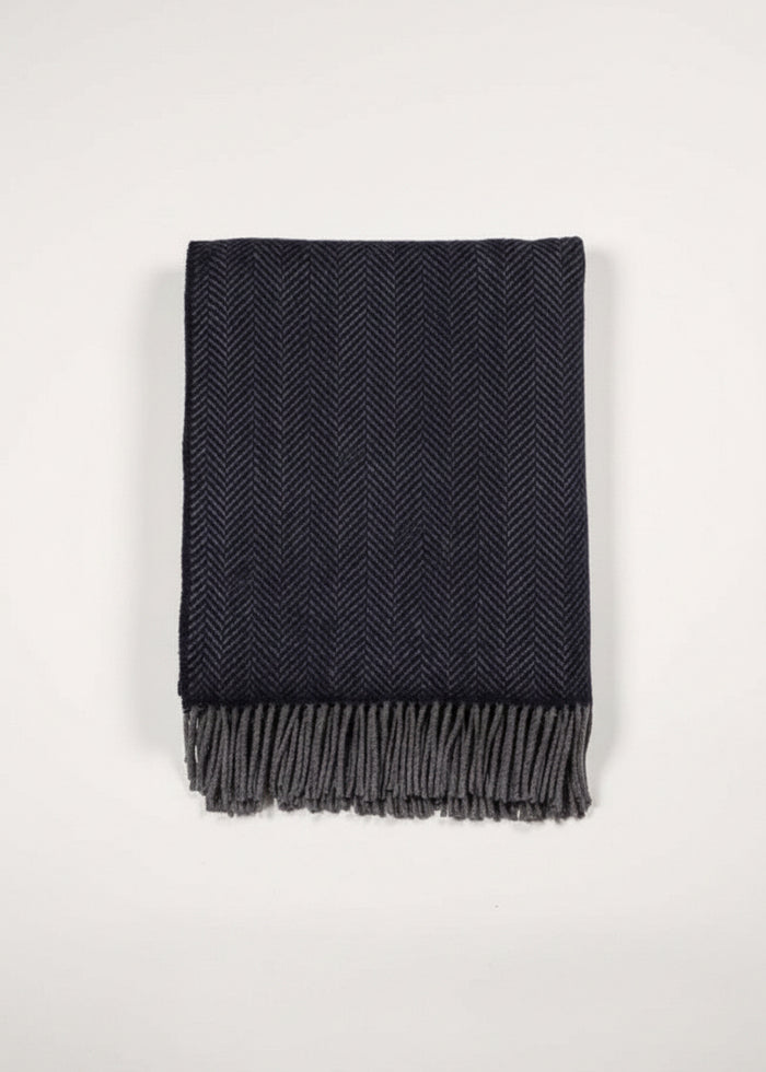 John Hanly Cashmere Navy Gray Herringbone Blanket 1408