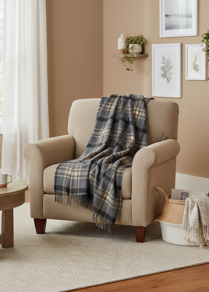 John Hanly Lambswool Throw Grey Beige Check