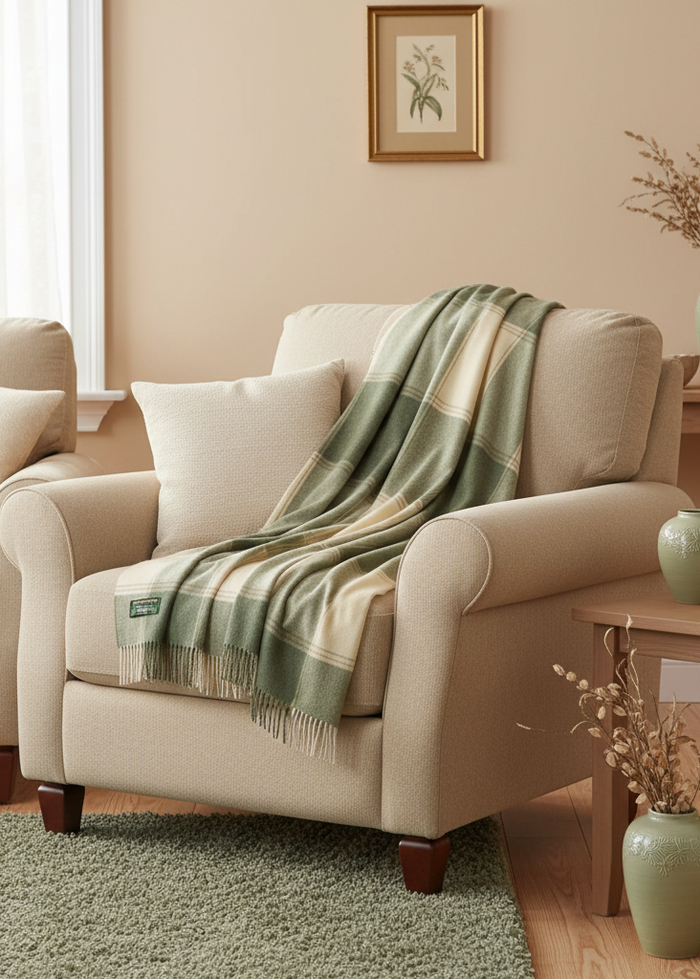 John Hanly Lambswool Throw Green and Cream Check