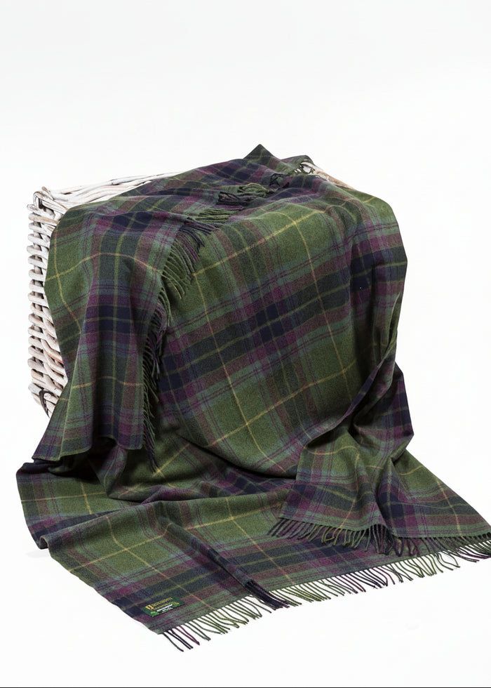 John Hanly Lambswool Throw Green Navy Purple Plaid