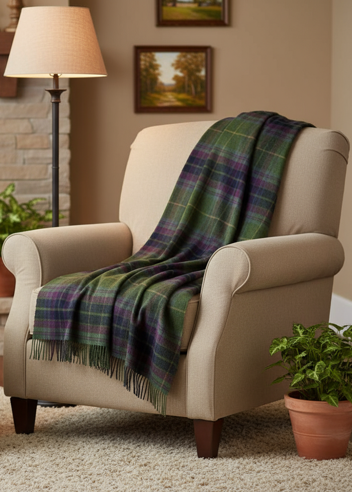 John Hanly Lambswool Throw Green Navy Purple Plaid