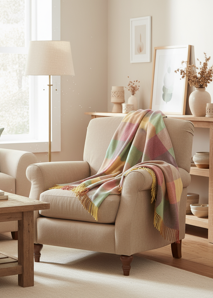 John Hanly Lambswool Throw | Pink Check