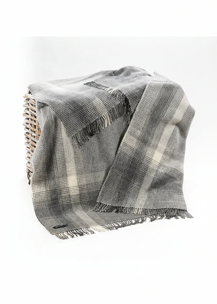 Merino Wool Cashmere Throw Grey Silver Border Check