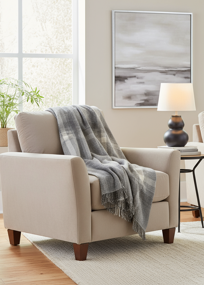 Merino Wool Cashmere Throw Grey Silver Border Check