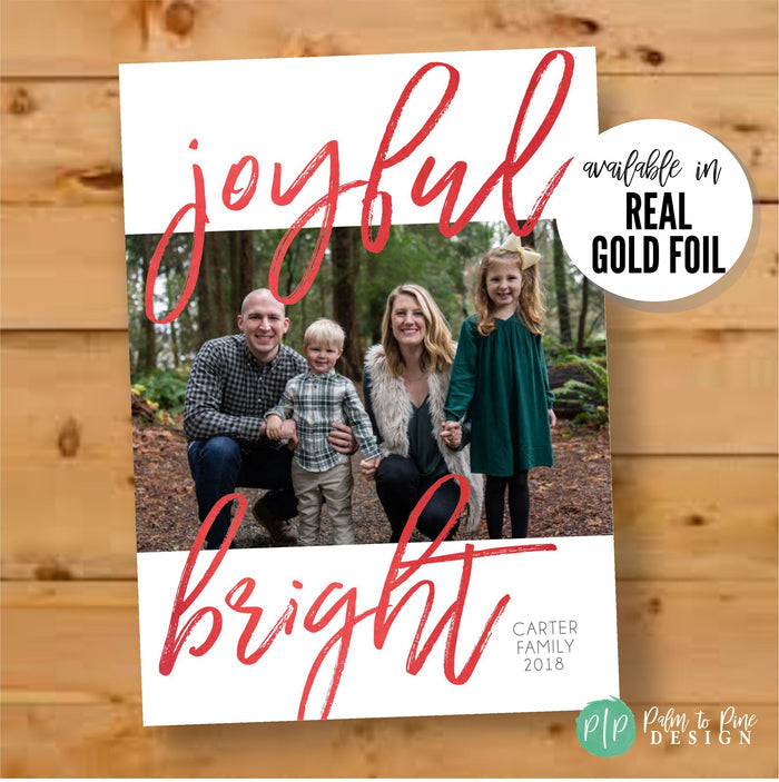 'Joyful and Bright' family photo Christmas card, personalized with photo and family name