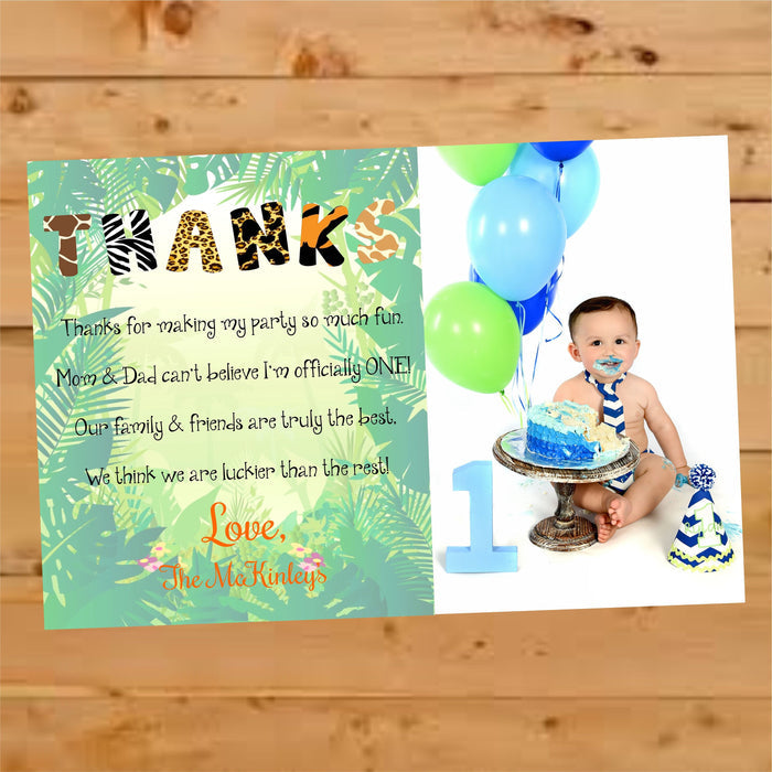 Colorful jungle animal birthday thank you card, personalized with name