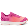Pink and orange sneaker with white sole on a white background