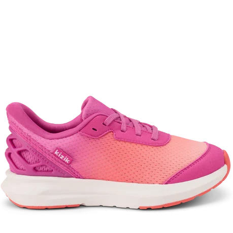 Pink and orange sneaker with white sole on a white background