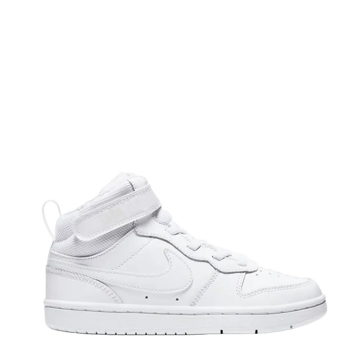 A white Nike high-top sneaker with a hook-and-loop strap closure, shown from the side profile against a clean white background.