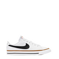 A white Nike low-top sneaker with a black Swoosh, white laces, and a brown gum outsole, shown from the side on a light gray background.