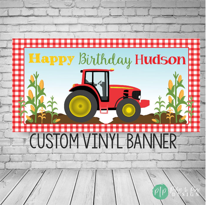 tractor birthday party with red gingham background and stalks of corn or wheat for farmers birthday party