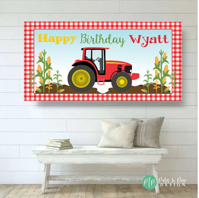 personalized tractor birthday banner with red case tractor and gingham print
