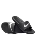 A pair of Nike slide sandals in black with a white Swoosh logo on the straps, displayed against a clean white background.