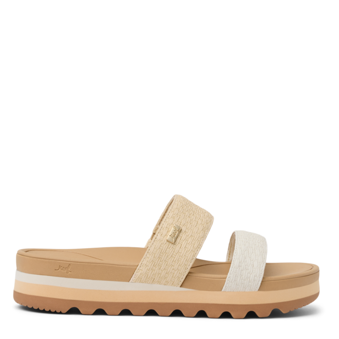 Beige sandal with white strap on a white background