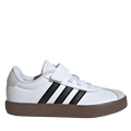 A pair of white skater-style sneakers with black stripes and a brown sole, featuring elastic laces and a hook-and-loop top strap.