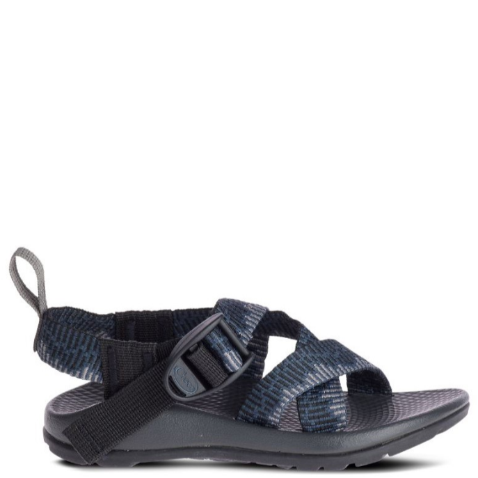 A pair of black kids' sandals with adjustable straps and a textured sole.
