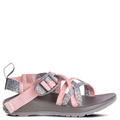 A pair of kids' sandals with pink and gray webbing and adjustable straps, featuring a contoured footbed and midsole.