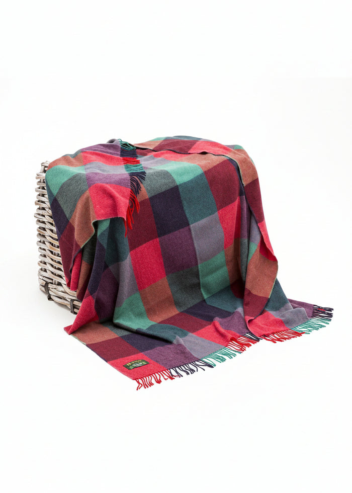 john hanly Lambswool Throw Bright Pink, Purple and Teal Block Check