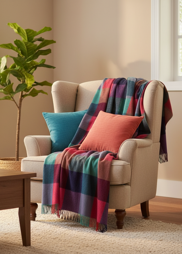 Lambswool Throw Bright Pink, Purple and Teal Block Check