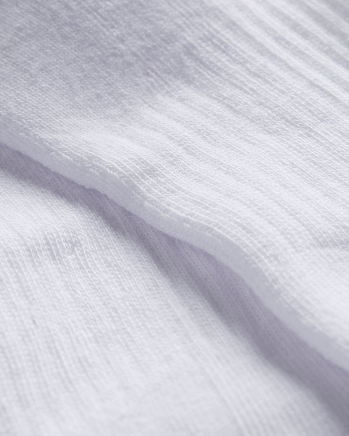 A close-up shot of the white ribbed fabric of Les Socks, highlighting its soft texture.