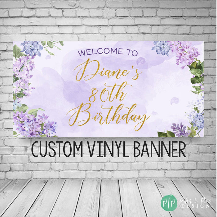 Lilac floral birthday banner for women in watercolor purple color scheme
