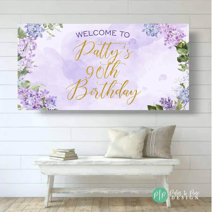 Watercolor lilac floral birthday banner for women with soft purple flowers and elegant script text
