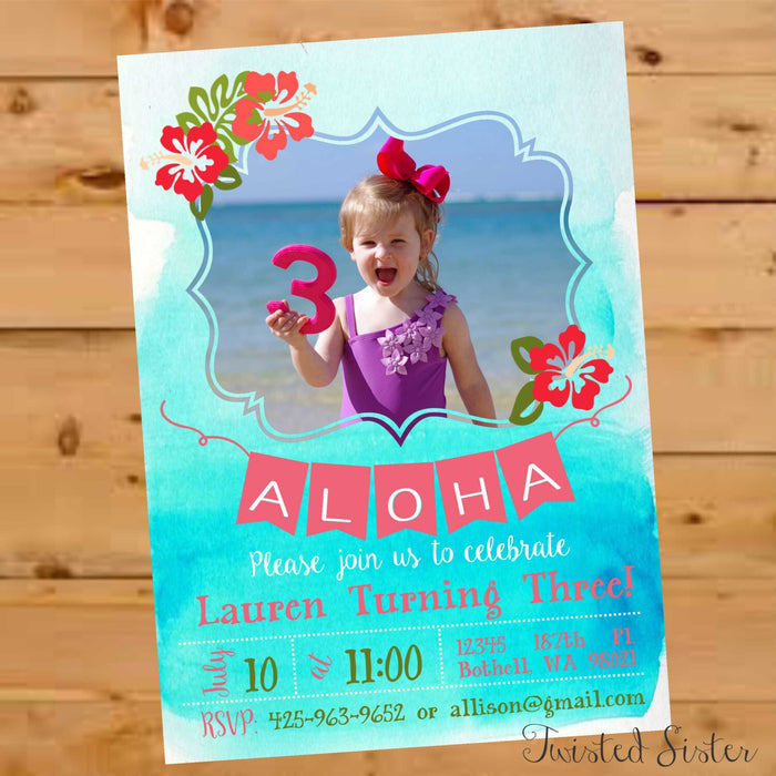 Blue watercolor luau birthday invitation with Hawaiian flowers, personalized with name and age