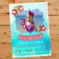 Blue watercolor luau birthday invitation with Hawaiian flowers, personalized with name and age