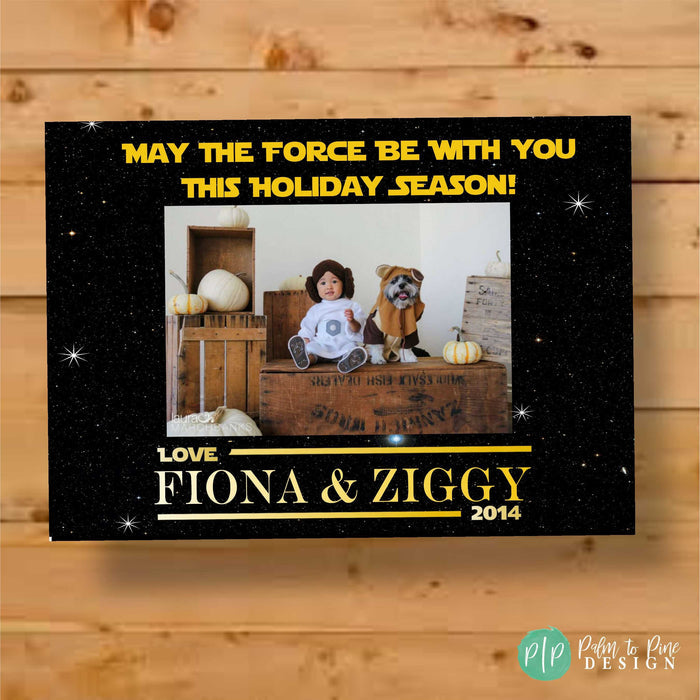 'May the Force Be With You' galaxy-themed family photo Christmas card