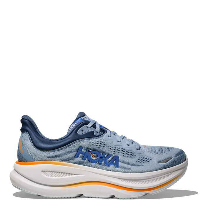 A pair of men's HOKA Bondi 9 running shoes in blue and white color with orange accents.