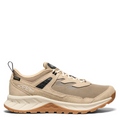 A single KEEN brand midfoot hiking shoe in a warm beige and tan colorway, featuring a textured mesh and suede upper, beige laces, a thick cream midsole, and a gum brown outsole, shown against a plain white background.