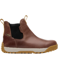 Brown leather boot with a white sole on a white background