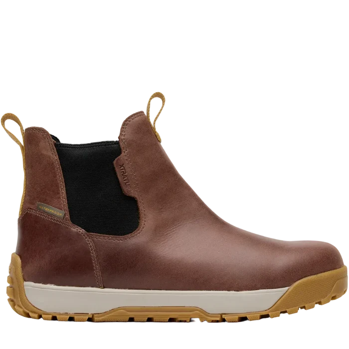Brown leather boot with a white sole on a white background