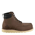 Brown leather boot with black collar on a light gray background