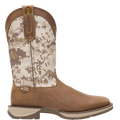 Camouflage-patterned cowboy boot with Durango branding on a white background