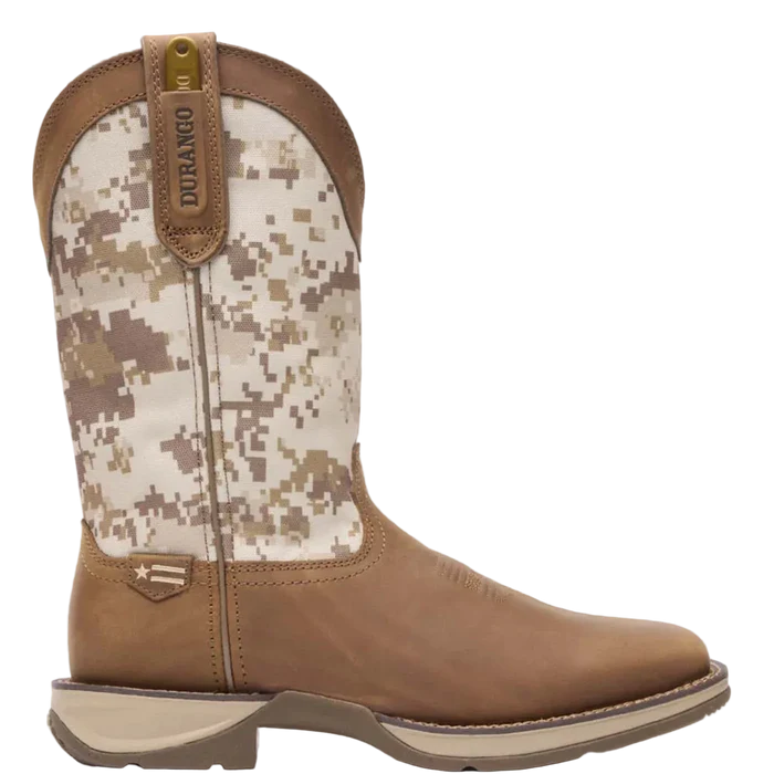 Camouflage-patterned cowboy boot with Durango branding on a white background