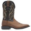 Brown cowboy boot with intricate stitching on a white background