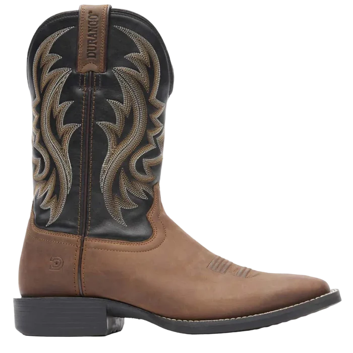 Brown cowboy boot with intricate stitching on a white background