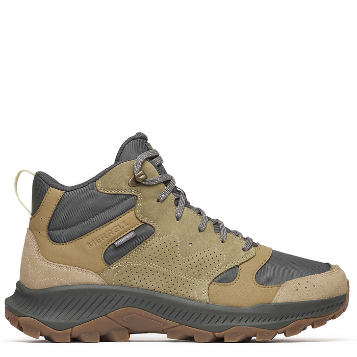 Brown and gray hiking boot on a white background